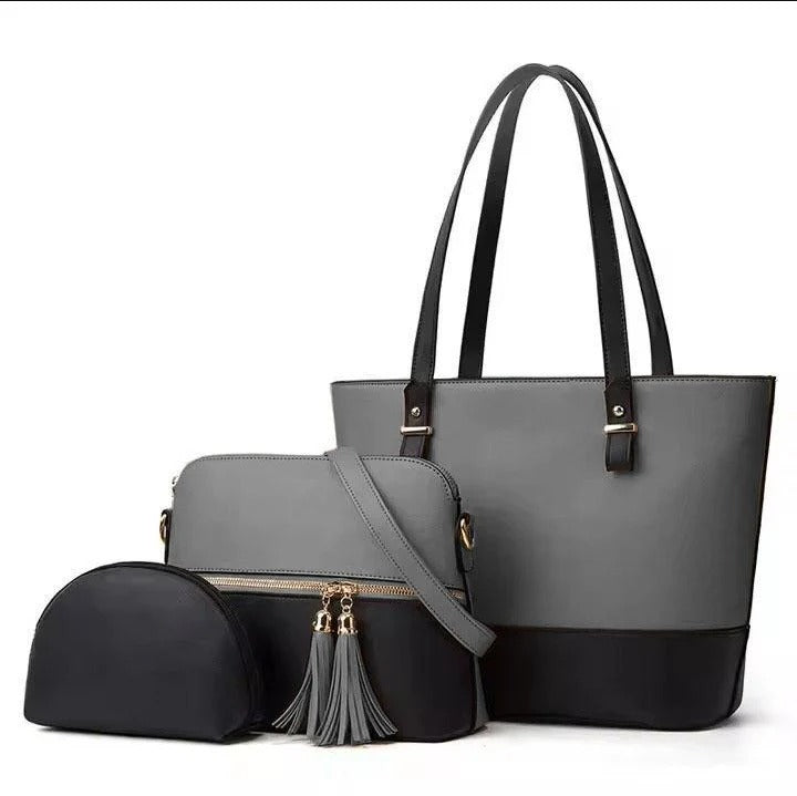 Stylish Women's PU Leather Hand Bag Set - 3 Pcs in White & Pink