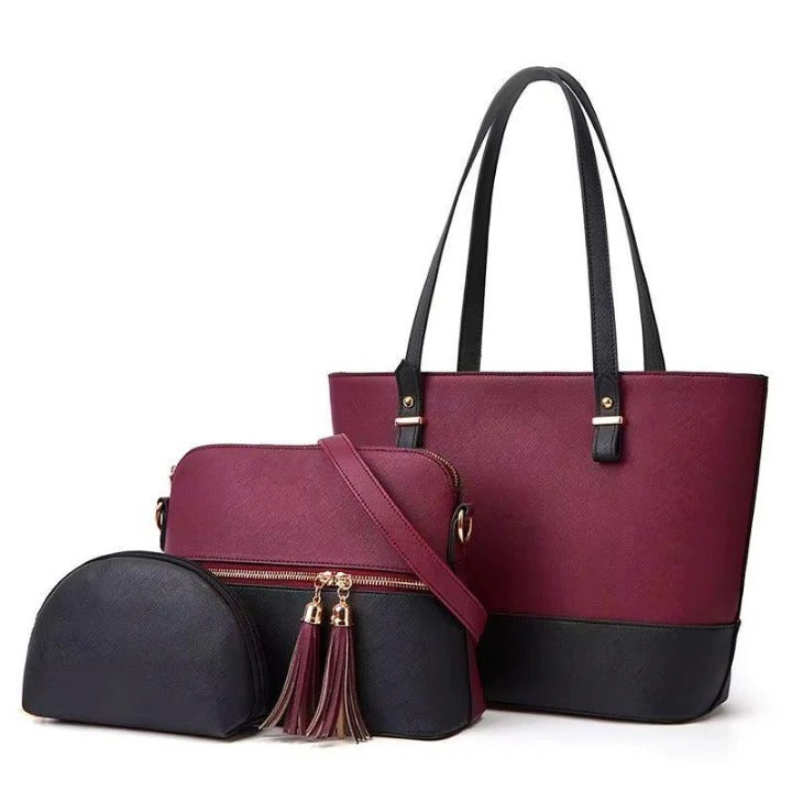 Stylish Women's PU Leather Hand Bag Set - 3 Pcs in White & Pink